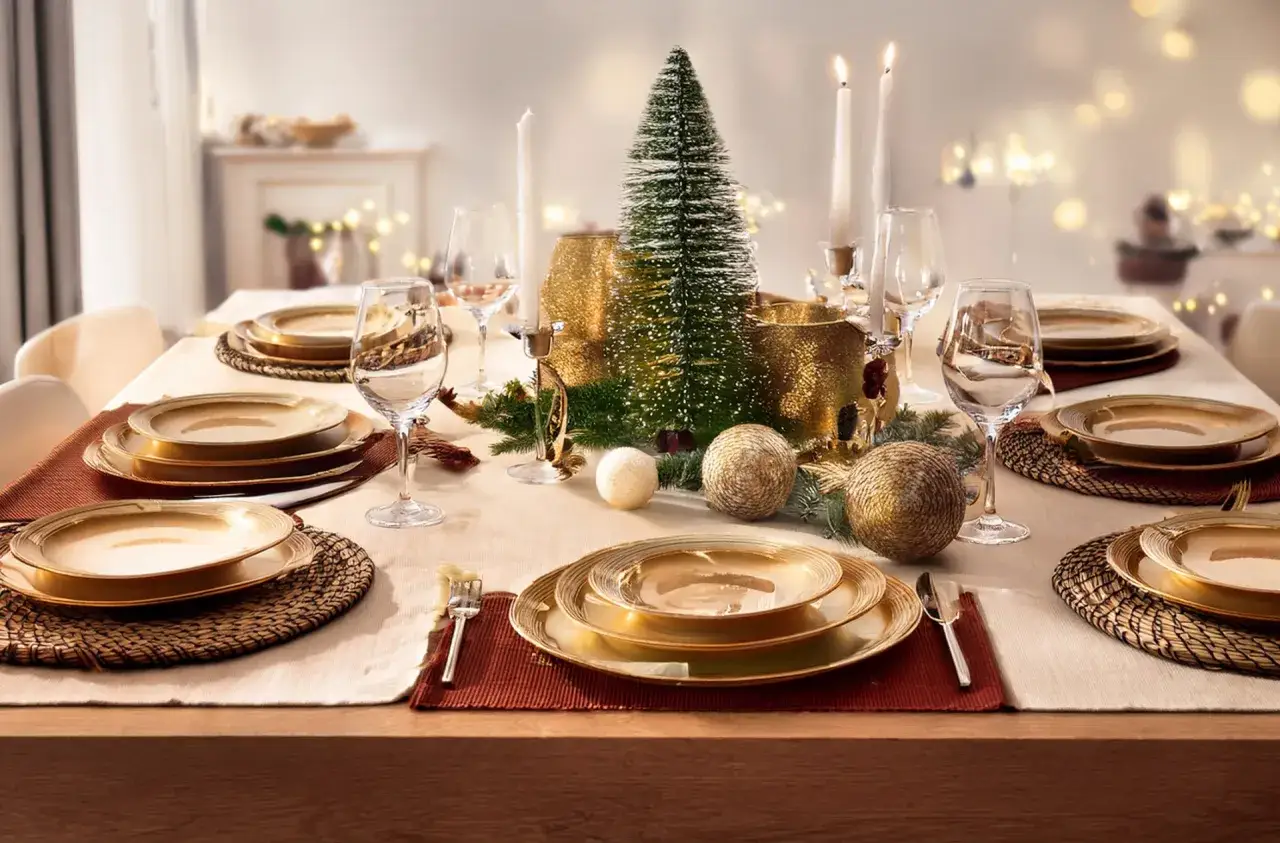 Belle disposition de couvert pour un repas de fête, avec des assiettes dorées, des verres à pied et un centre de table festif.