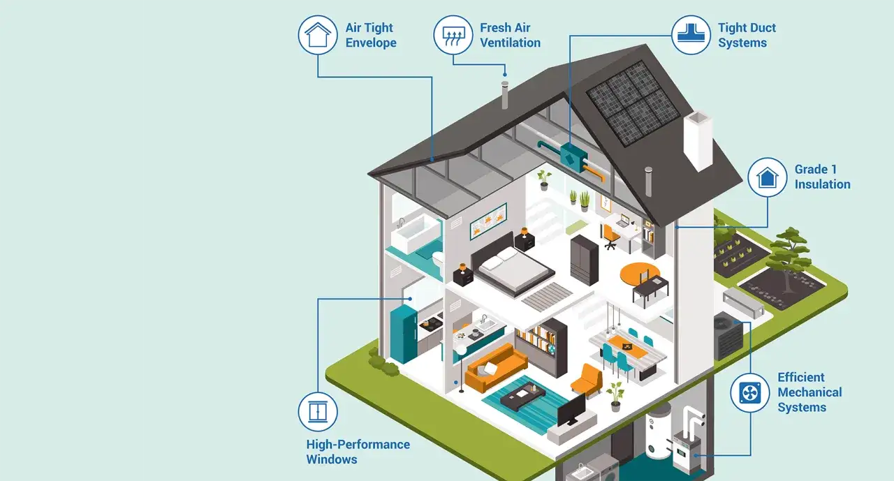 Sch&eacute;ma d'une maison montrant comment purifier l'air de sa maison gr&acirc;ce &agrave; une enveloppe &eacute;tanche, une ventilation, des conduits et une isolation de qualit&eacute;.
