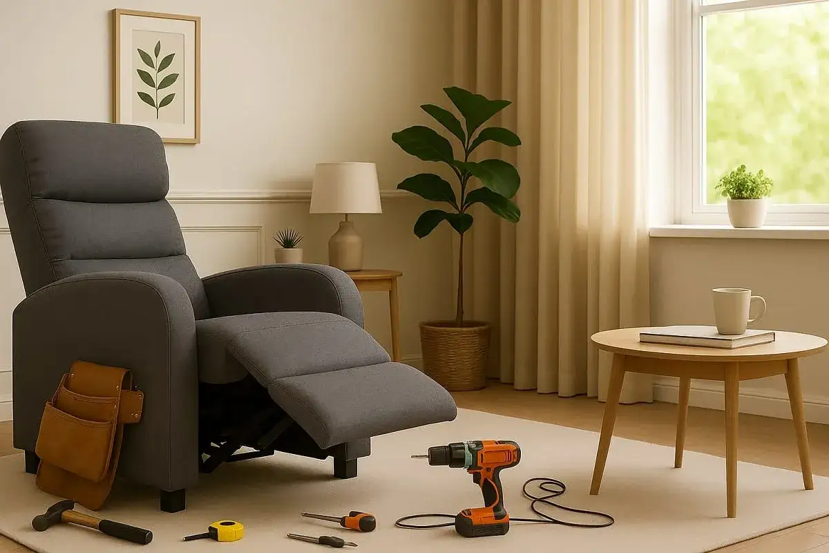 Un fauteuil relax qui grince, entour&eacute; d'outils, semble pr&ecirc;t &agrave; &ecirc;tre r&eacute;par&eacute;. Un tournevis, un marteau et une perceuse sont pos&eacute;s &agrave; proximit&eacute;.
