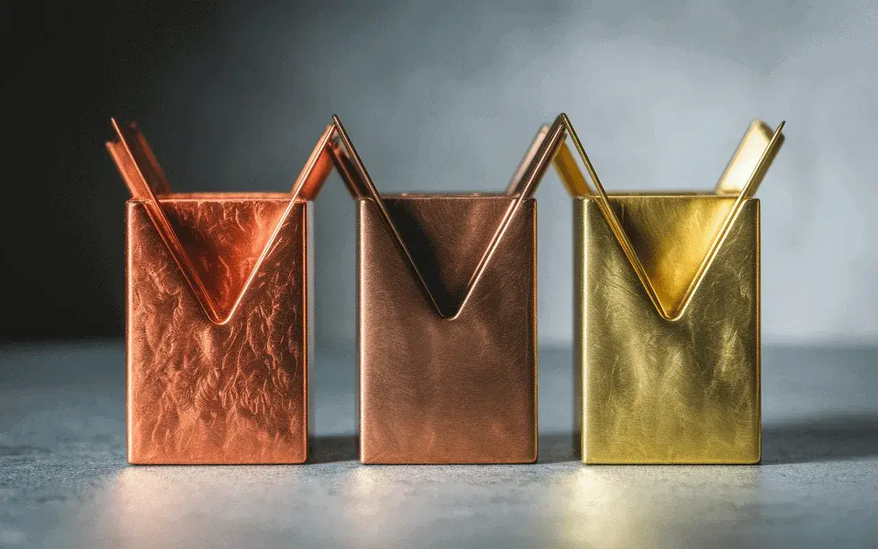 Trois contenants m&eacute;talliques : cuivre, bronze et laiton. Le laiton brille d'un jaune dor&eacute; distinctif, aidant &agrave; reconna&icirc;tre du laiton.