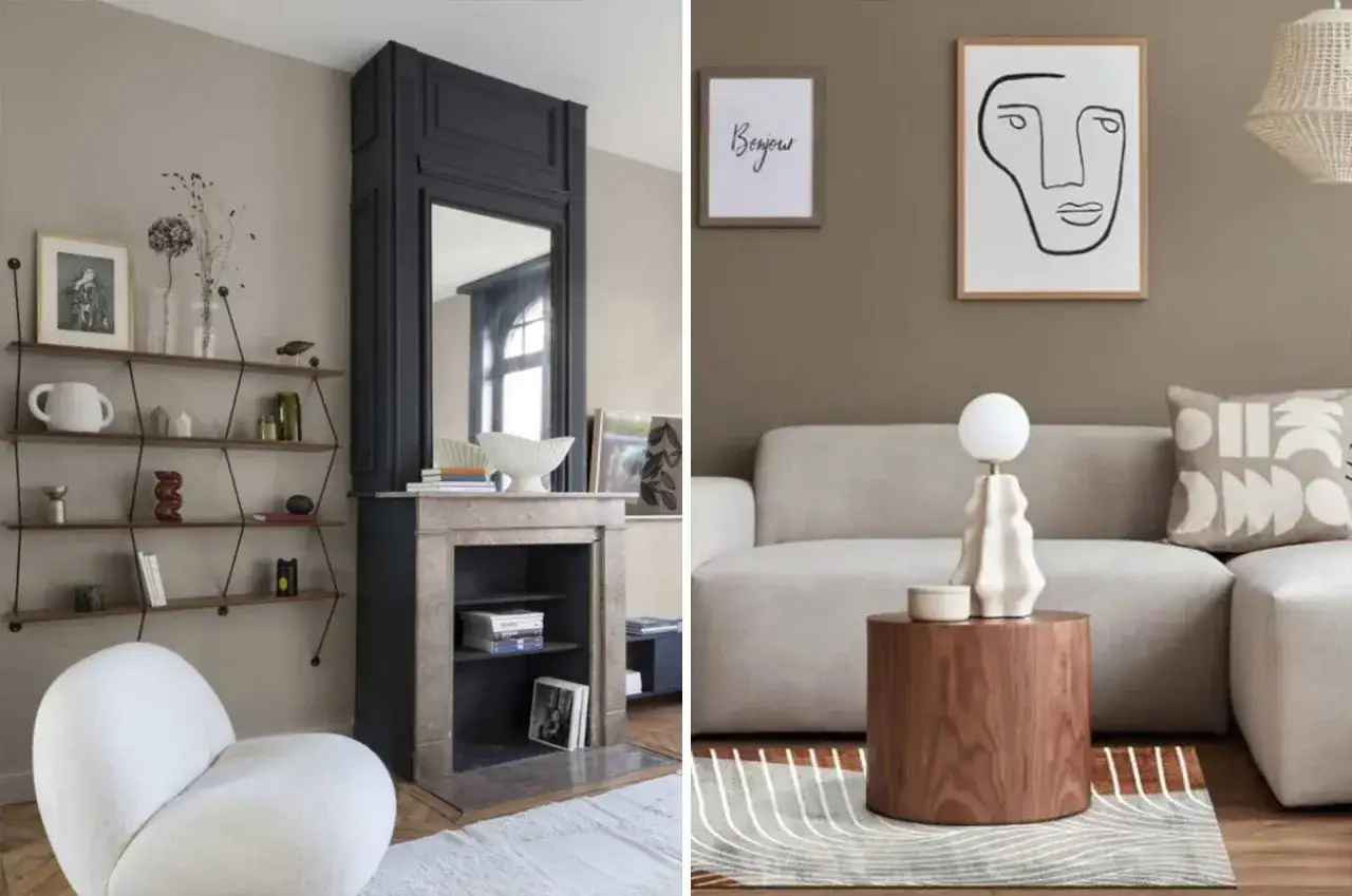 Salon cosy aux murs beige grège, avec une cheminée sombre, des étagères murales et un canapé clair.