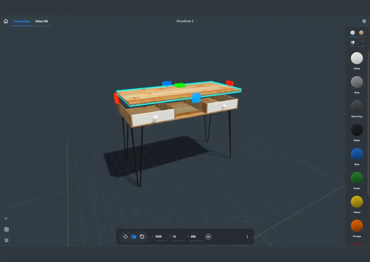 Un dessin meuble 3d d'un bureau en bois avec des tiroirs, en cours d'assemblage virtuel.