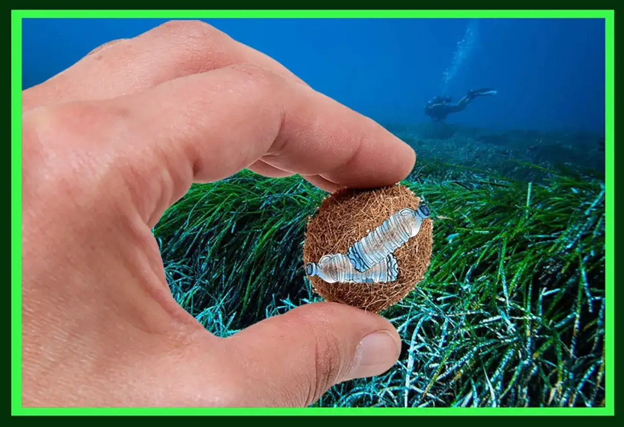 Main tenue de jonc de mer : une main tient une boule de posidonie avec des mini-bouteilles en plastique. Un plongeur &eacute;volue dans le fond marin.
