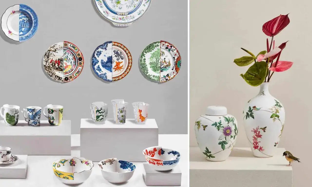 Vaisselle anglaise marque : assiettes, tasses et bols d&eacute;cor&eacute;s de motifs floraux et animaliers, ainsi que des vases orn&eacute;s de fleurs et d'oiseaux.