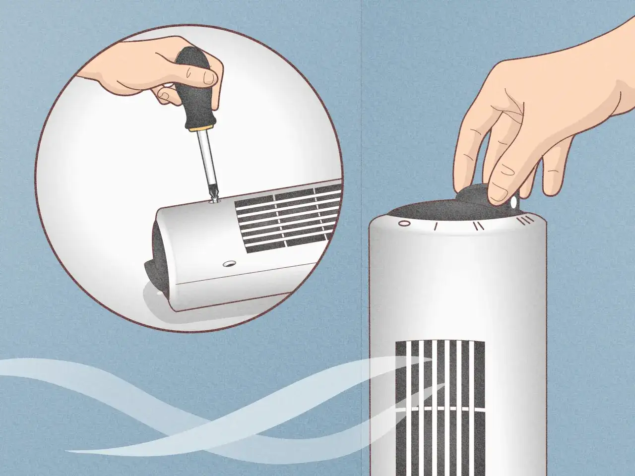 Démontez le ventilateur colonne avec un tournevis pour le nettoyer. Une main tourne le bouton de réglage.
