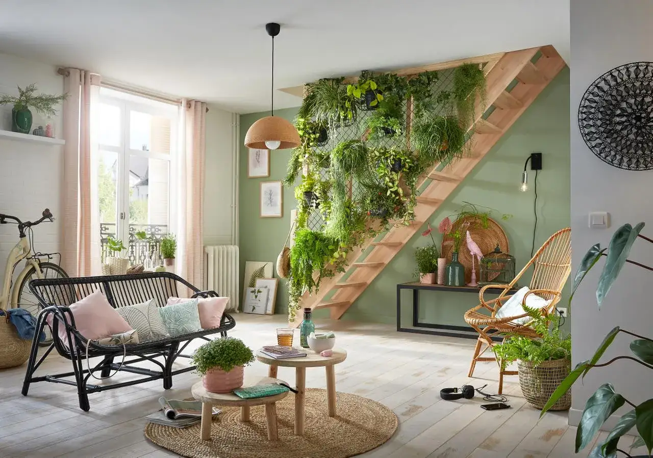 Un salon lumineux avec un mur végétal luxuriant sur l'escalier, des meubles en rotin et une touche de celadon vert sur les murs.