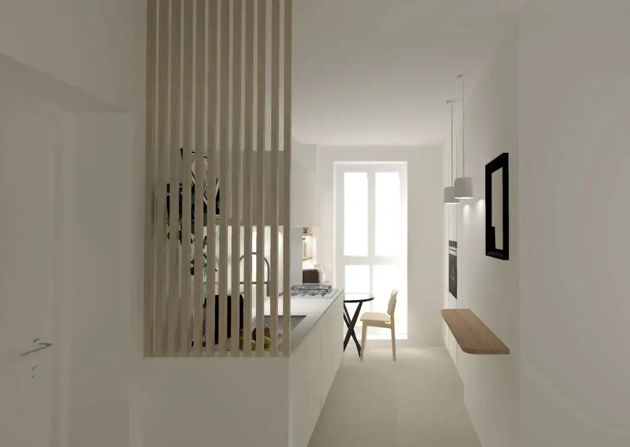 Cuisine semi ouverte avec claustra en bois, s&eacute;parant l'espace de vie. &Eacute;clairage moderne et mobilier &eacute;pur&eacute;.