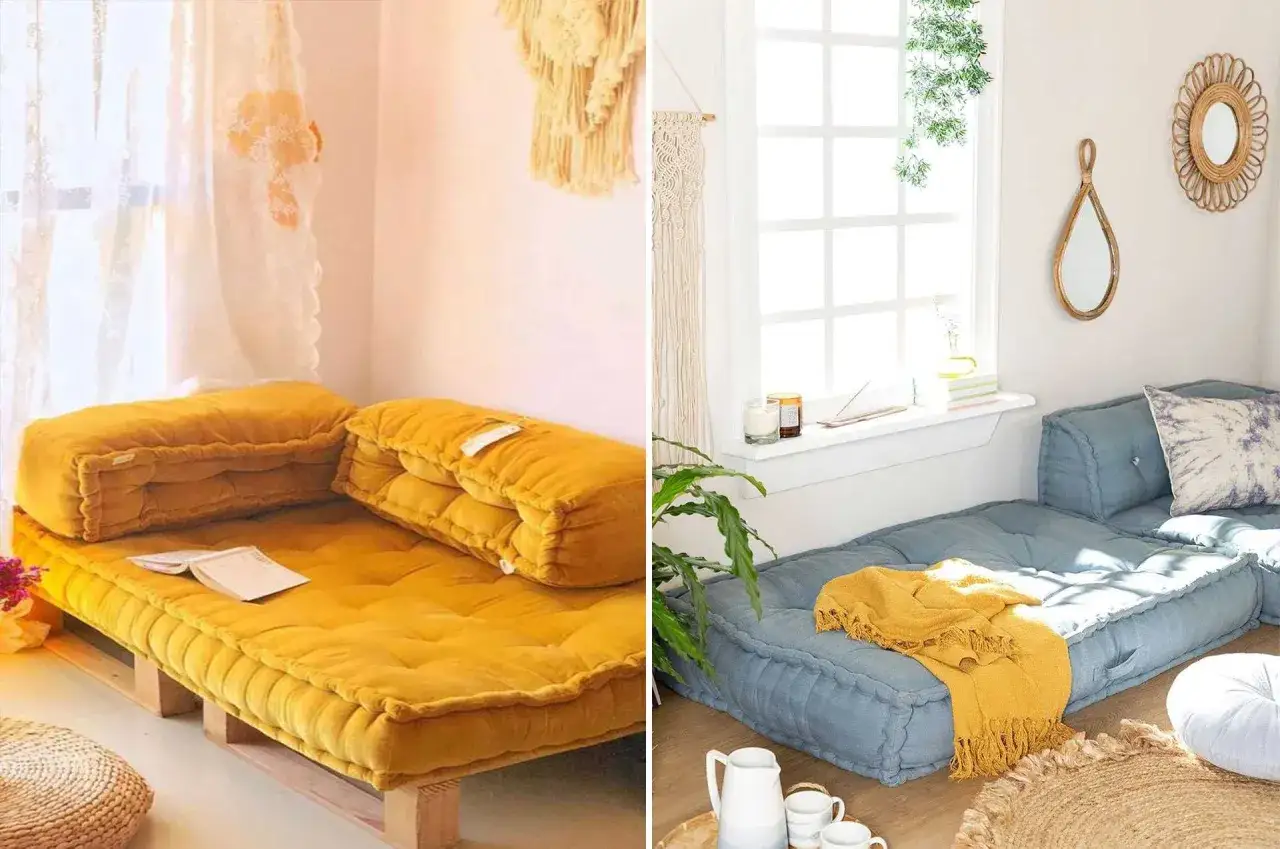 Id&eacute;e d&eacute;co : faire un pouf avec une couette jaune ou bleu, pour un coin d&eacute;tente cosy.