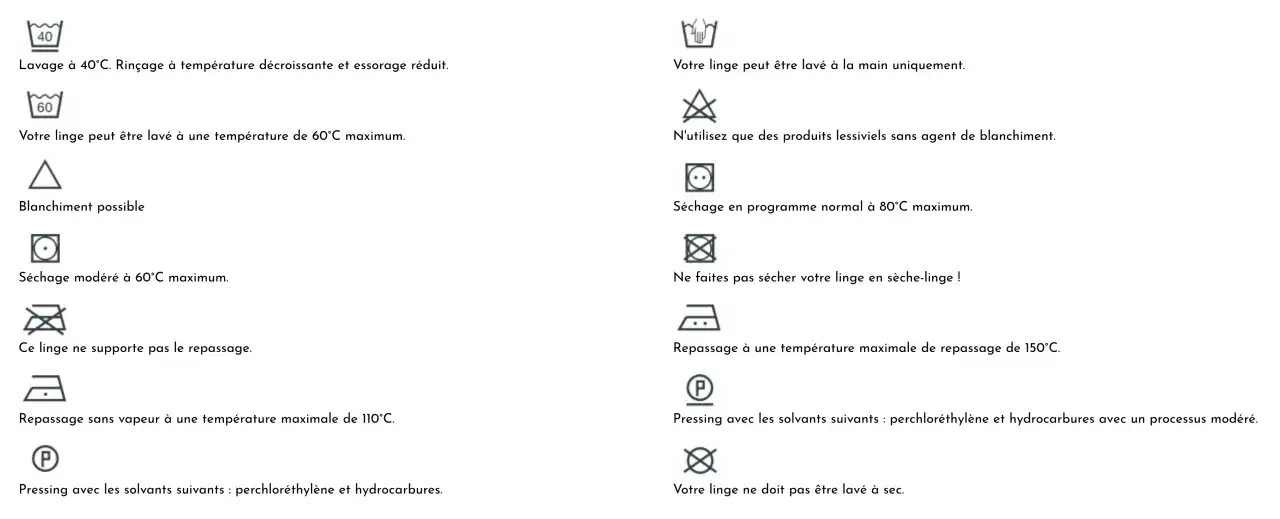 Ic&ocirc;nes d'entretien du linge : lavage, s&eacute;chage en s&egrave;che-linge, repassage et pressing.