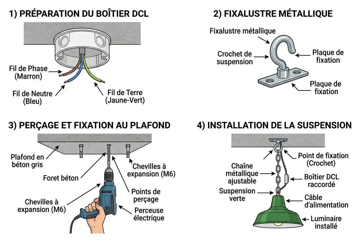 &Eacute;tapes pour changer un lustre : pr&eacute;paration du bo&icirc;tier DCL, fixation m&eacute;tallique, per&ccedil;age et installation de la suspension.