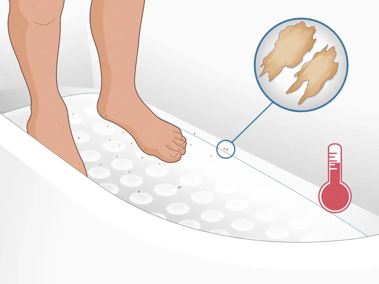 Pieds sur un tapis de bain texturé, avec un zoom sur des cellules mortes de la peau. Apprenez comment laver un tapis de bain pour une meilleure hygiène.