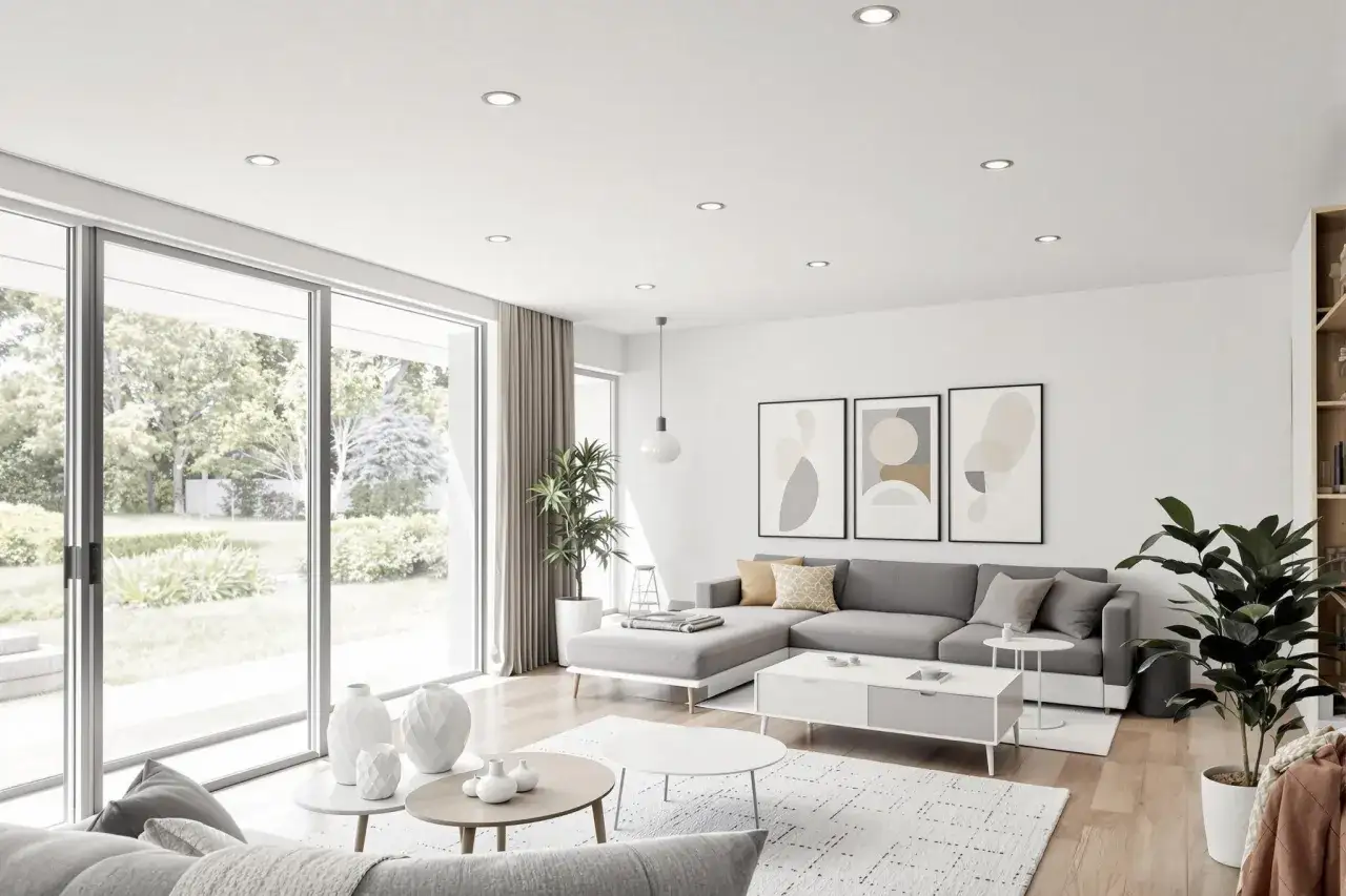 Disposition de spots au plafond dans un salon moderne, éclairant un canapé gris, des tables basses et une grande baie vitrée donnant sur un jardin.