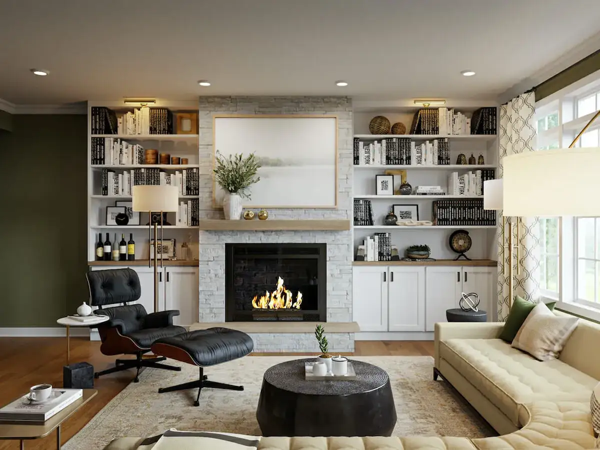 Id&eacute;e pour comment disposer 3 &eacute;tag&egrave;res murales : une biblioth&egrave;que murale moderne avec chemin&eacute;e, fauteuil design et canap&eacute;.