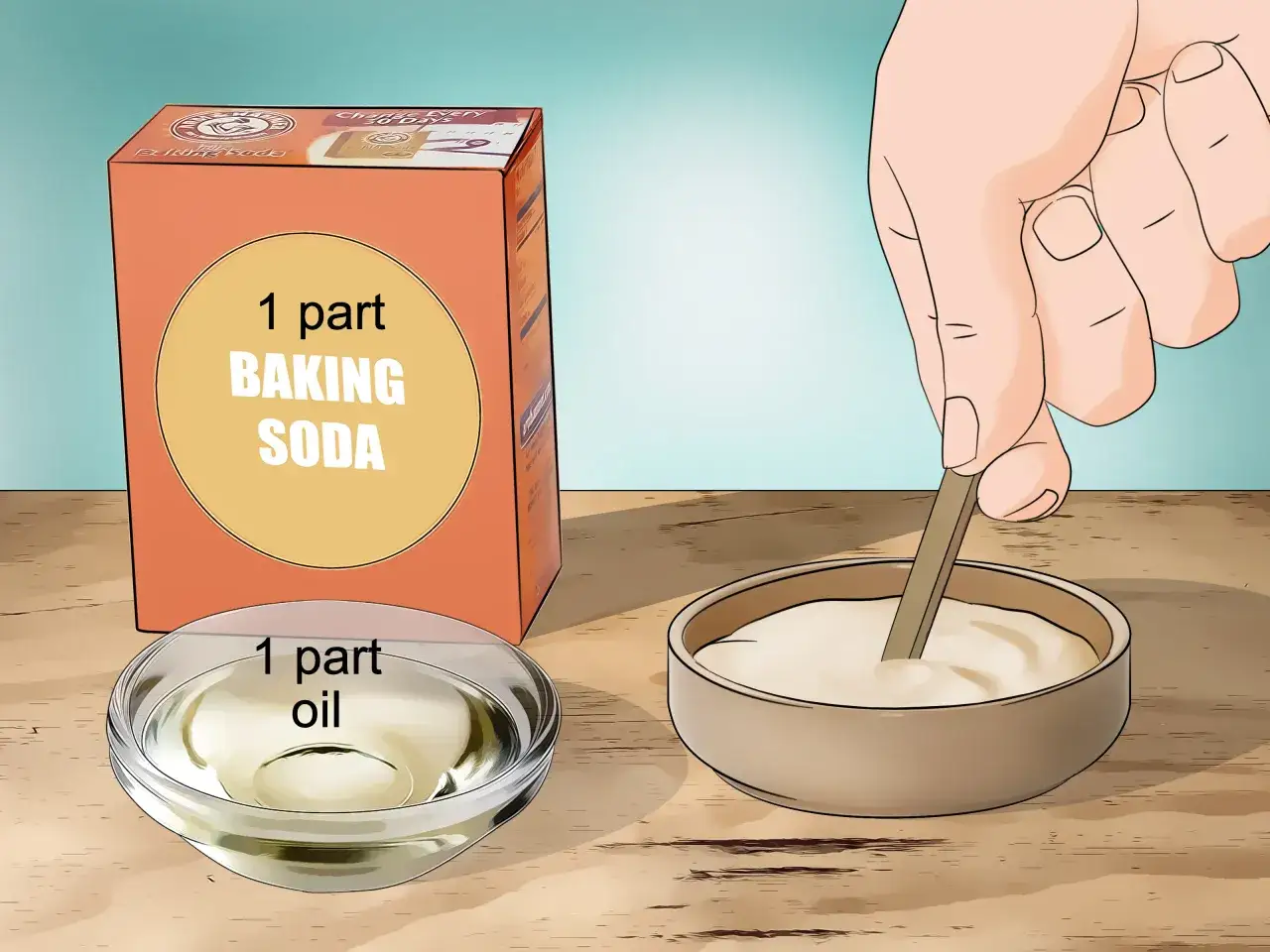 M&eacute;langez bicarbonate de soude et huile pour cr&eacute;er une p&acirc;te. C'est une astuce pour savoir comment enlever de la colle s&egrave;che.