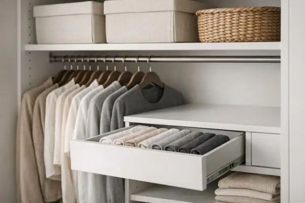 Garde-robe organisée avec vêtements suspendus et tiroir de rangement pour vêtements pliés.