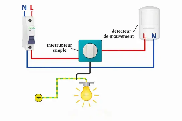 Schéma électrique : disjoncteur, interrupteur simple, détecteur de mouvement et lampe. Le retour lampe interrupteur est bien visible.