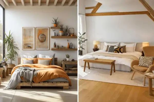 Deux chambres douillettes avec lits confortables, linge de lit orange et gris, et décorations naturelles.