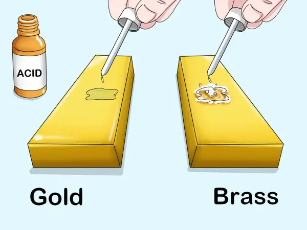 Test d'acide pour comment reconnaître du laiton : l'or ne réagit pas, le laiton réagit et mousse.