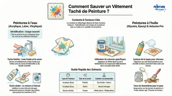 Illustration d'un t-shirt blanc taché de peinture colorée, avec des conseils de nettoyage.
