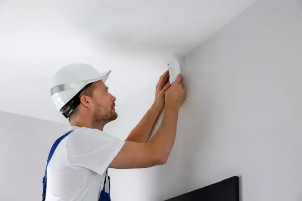 Un technicien installe un détecteur de mouvement 5 fils au coin d'un mur blanc.
