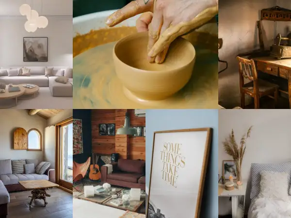 Mise en scène de pièces chaleureuses et artisanales, évoquant le **slow design**. Un atelier de potier, un salon cosy, une chambre paisible.