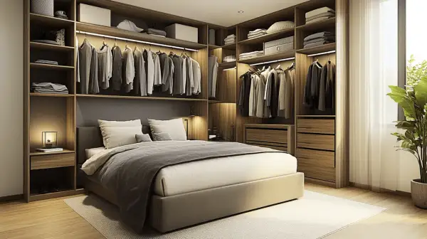 Chambre moderne avec dressing intégré, lit douillet et rangements optimisés.