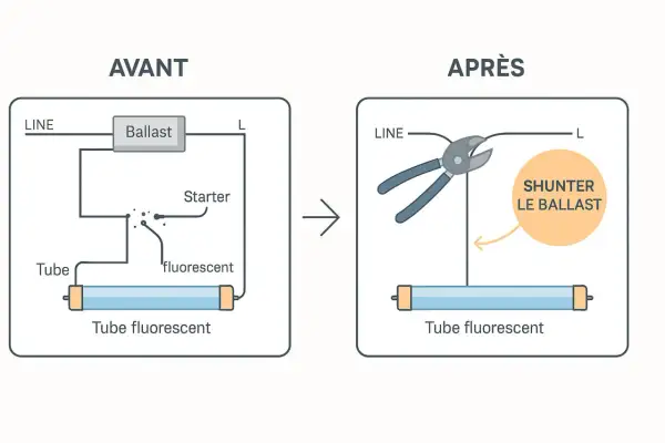 Schéma avant/après pour comment brancher un néon avec interrupteur : on coupe le ballast.