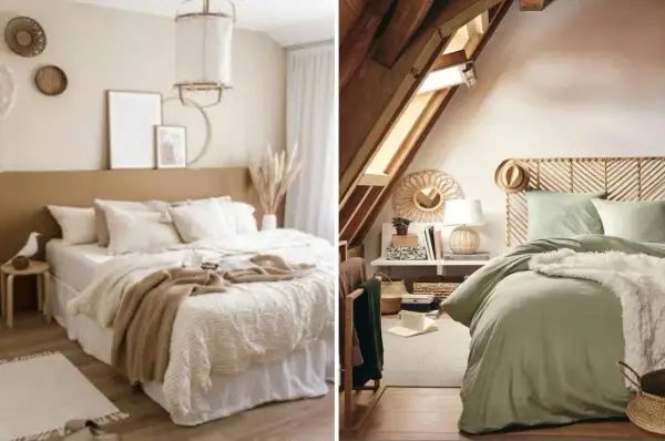 Deux chambres douillettes, l'une beige et blanche, l'autre verte avec un lit sous les combles.