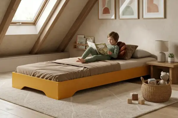 Enfant lisant un livre dans une chambre mansardée avec un lit bas et une fenêtre de toit.