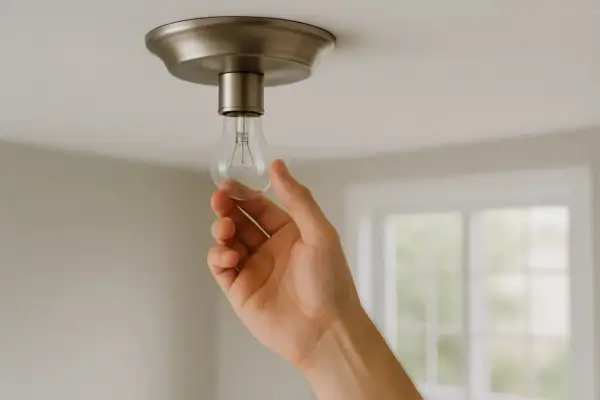 Main tenant change une ampoule classique car le plafonnier LED ne fonctionne plus.