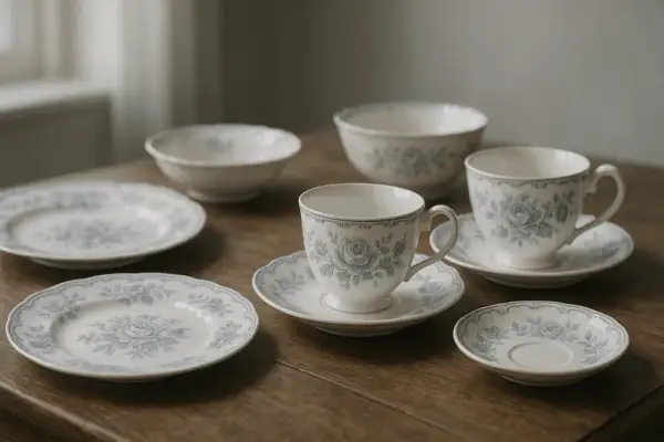 Service à thé et à dessert en porcelaine fine, vaisselle anglaise marque, ornée de motifs floraux bleus délicats.