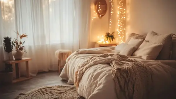 Chambre cosy avec lit douillet, coussins moelleux, plaid en maille et guirlande lumineuse.