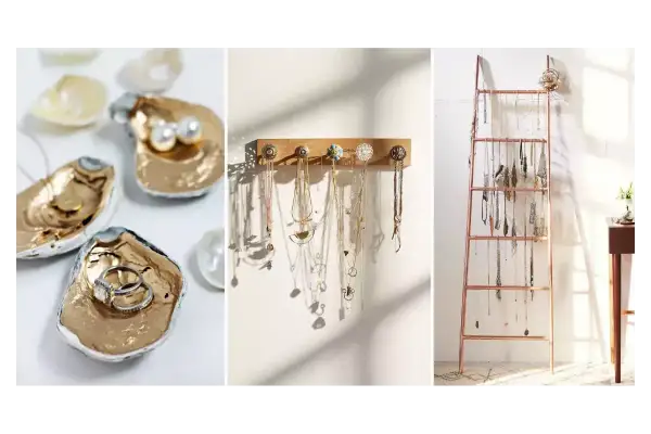 Idées créatives pour comment ranger ses bijoux : coupelles en coquillages dorés, porte-colliers mural, et échelle décorative pour bijoux.