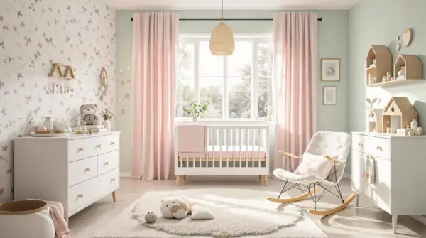 Chambre bébé élégante avec mur fleuri rose poudré, berceau blanc, fauteuil à bascule et commodes.