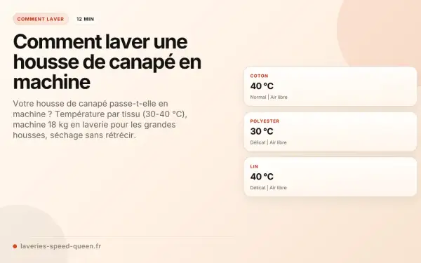 Tableau des températures de lavage pour housses de canapé en coton, polyester et lin.