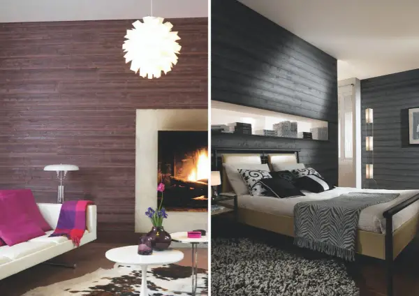 Chambres avec murs lambrissés : une ambiance salon avec cheminée et une chambre moderne avec lit.