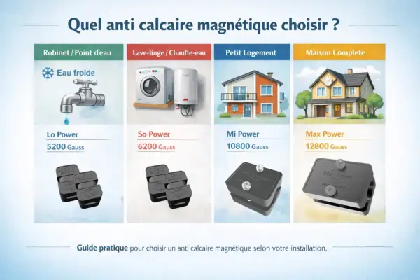 Guide pour choisir un anticalcaire naturel magnétique : robinet, lave-linge, petit logement ou maison complète. Différents modèles et puissances (Gauss) sont présentés.
