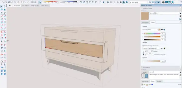 Un dessin meuble 3d d'une commode en bois clair, avec un tiroir texturé. La palette de matériaux et de couleurs est visible à droite.