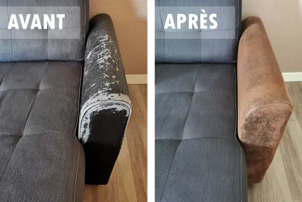 Avant/après : un accoudoir de canapé abîmé est réparé et retrouve une nouvelle jeunesse avec une finition marron.