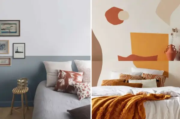 Deux têtes de lit décorées : une avec des cadres et une peinture murale abstraite.