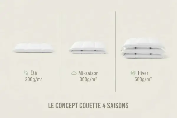 Trois couettes blanches empilées, étiquetées Été, Mi-saison et Hiver.