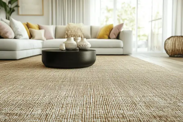Un salon cosy avec un tapis en jonc de mer. Son entretien facile en fait un choix idéal pour un intérieur moderne et naturel.