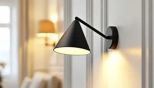 Un élégant point lumineux en applique noir projette une douce lumière sur un mur orné de moulures.